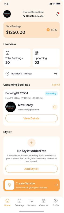 Spot Booked business dashboard showing earnings, total bookings and upcoming appointments