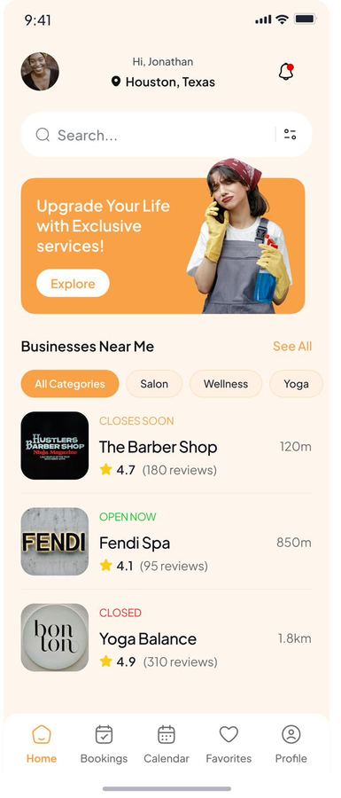 Spot Booked home screen showing nearby businesses